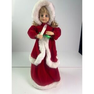 Vintage  Telco Singing Christmas Caroler Doll Red Velvet Faux Fur Light Up 18in